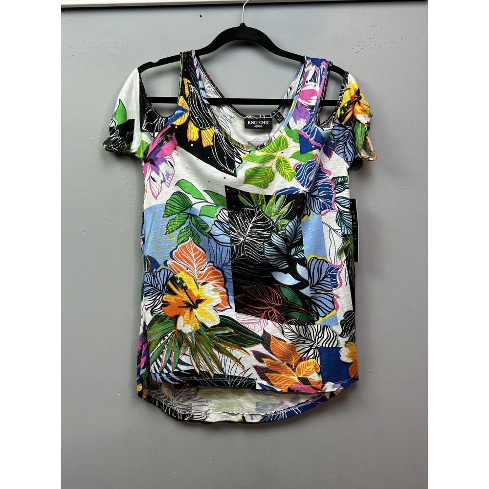 Knit Chic Top Womens Small White Tropical Floral Cold Shoulder Rhinestone NEW